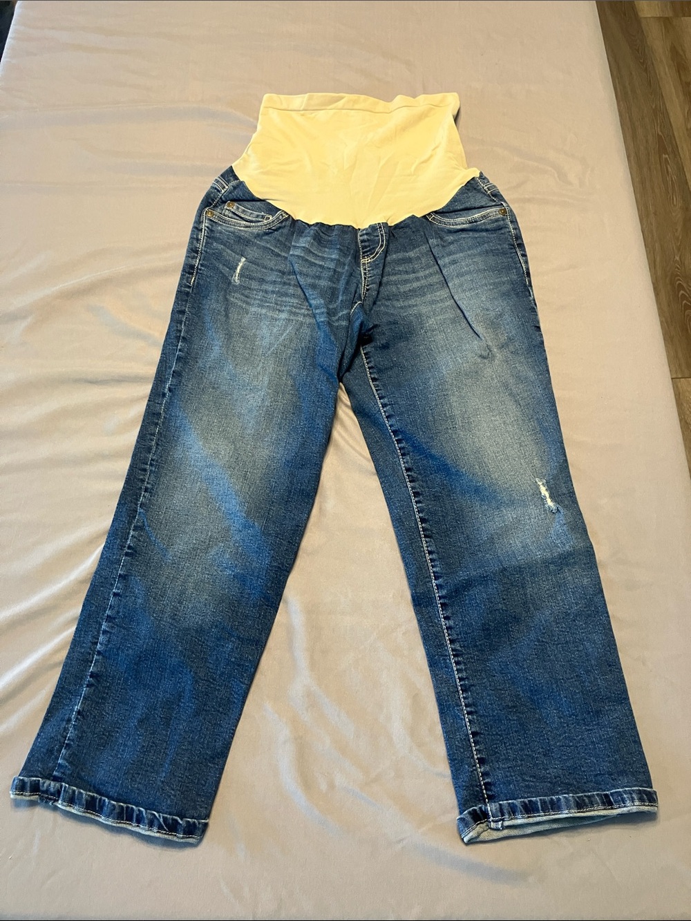 Indigo Blue Denim Maternity Boyfriend Jeans with Cream Panel
